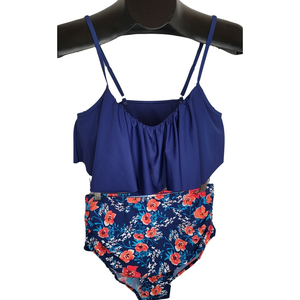2 Piece Bathing Suit Blue Floral Ruffled Unique & Classic Womens Size XL